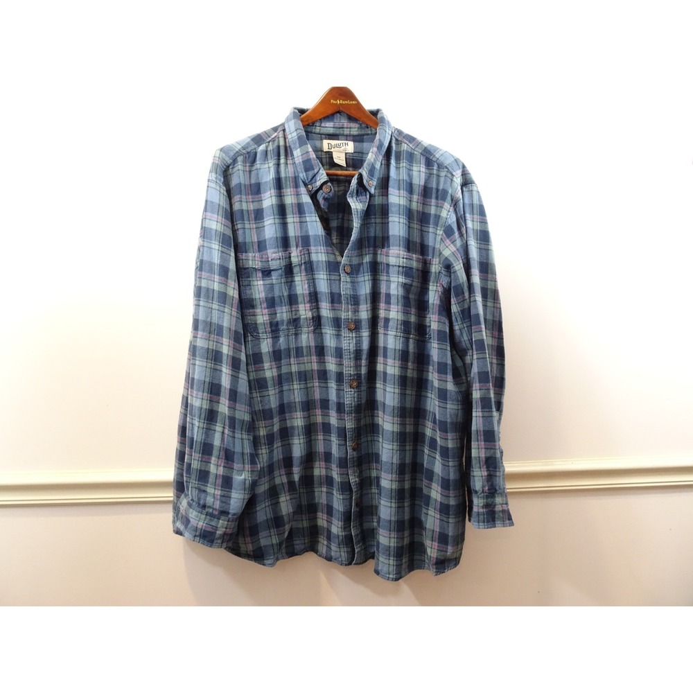 Duluth Trading Co Mens 4XL Relaxed Fit Blue Green Plaid Flannel Button Down